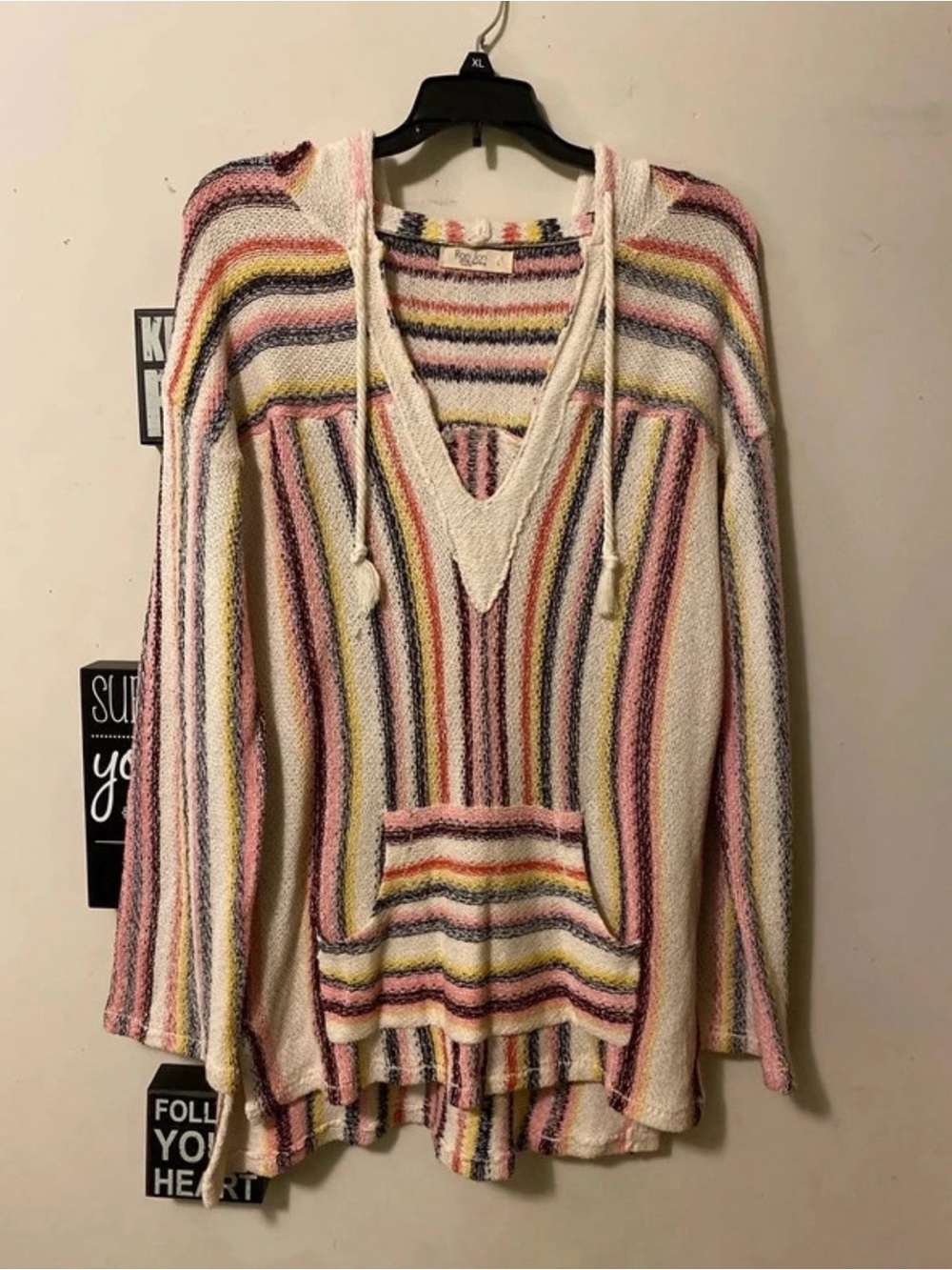 Ron Jon Cream Multi-Stripe V-Neck Hooded Sweater